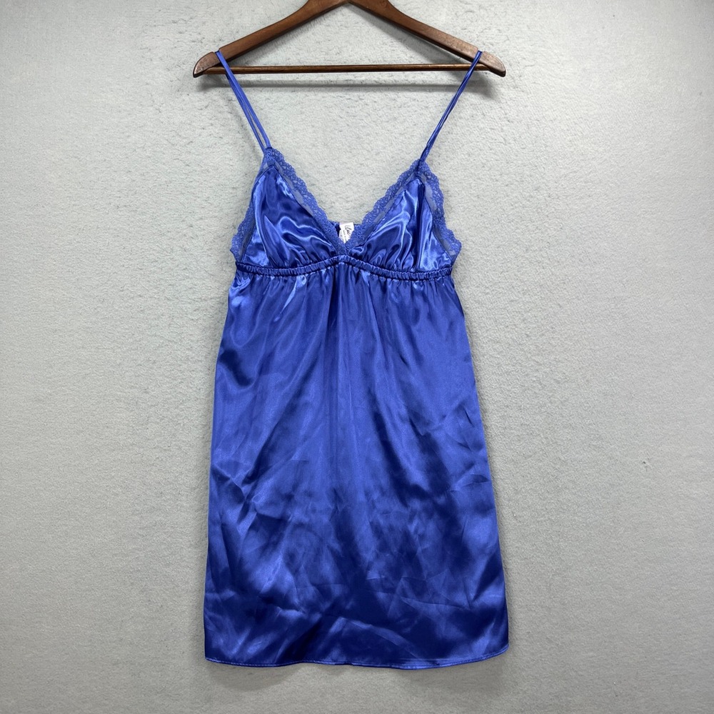 Lilac & London Chemise Womens Medium Blue Satin Lace Lounge Babydoll Sleepwear